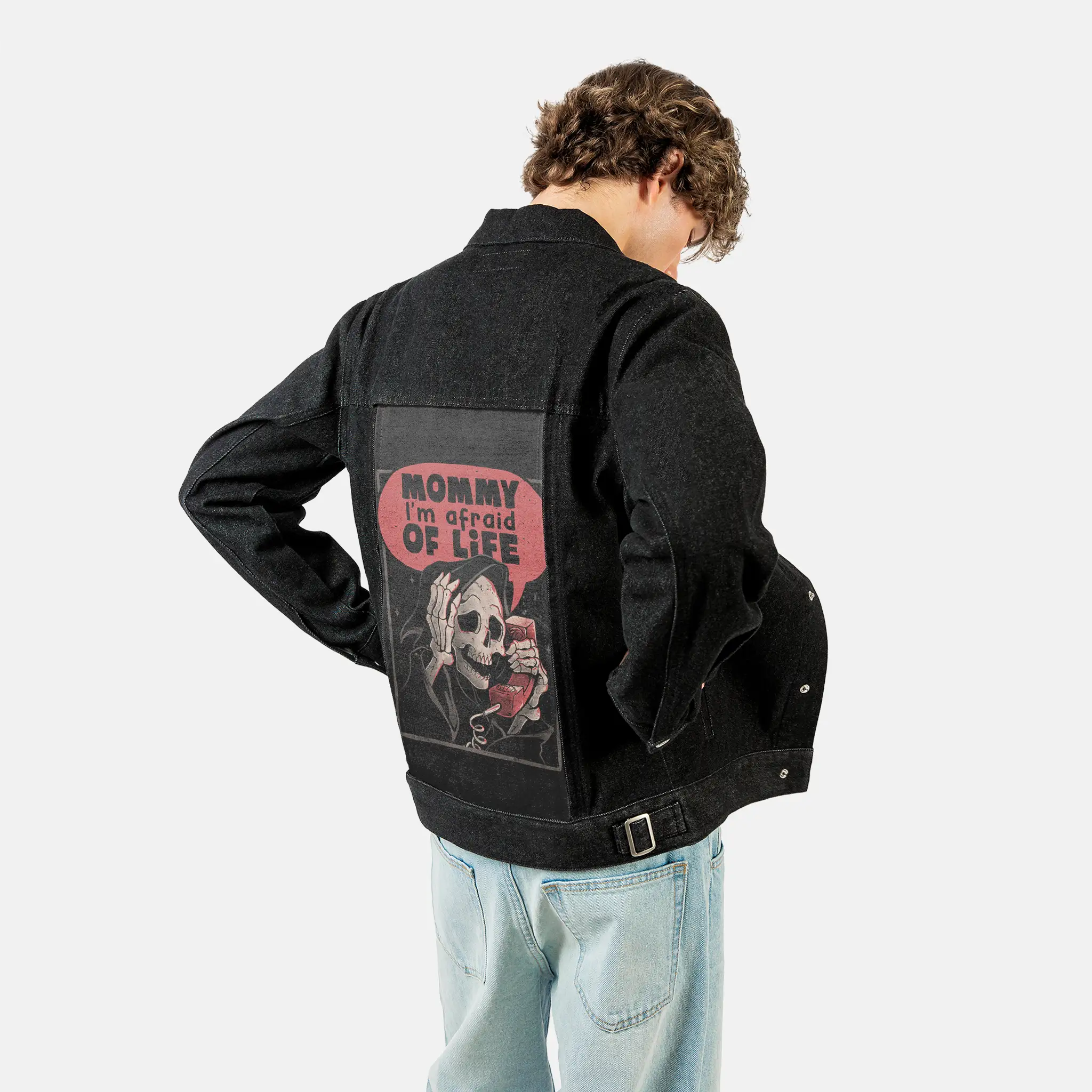 imafraidoflife patch on male og denim jacket in raven