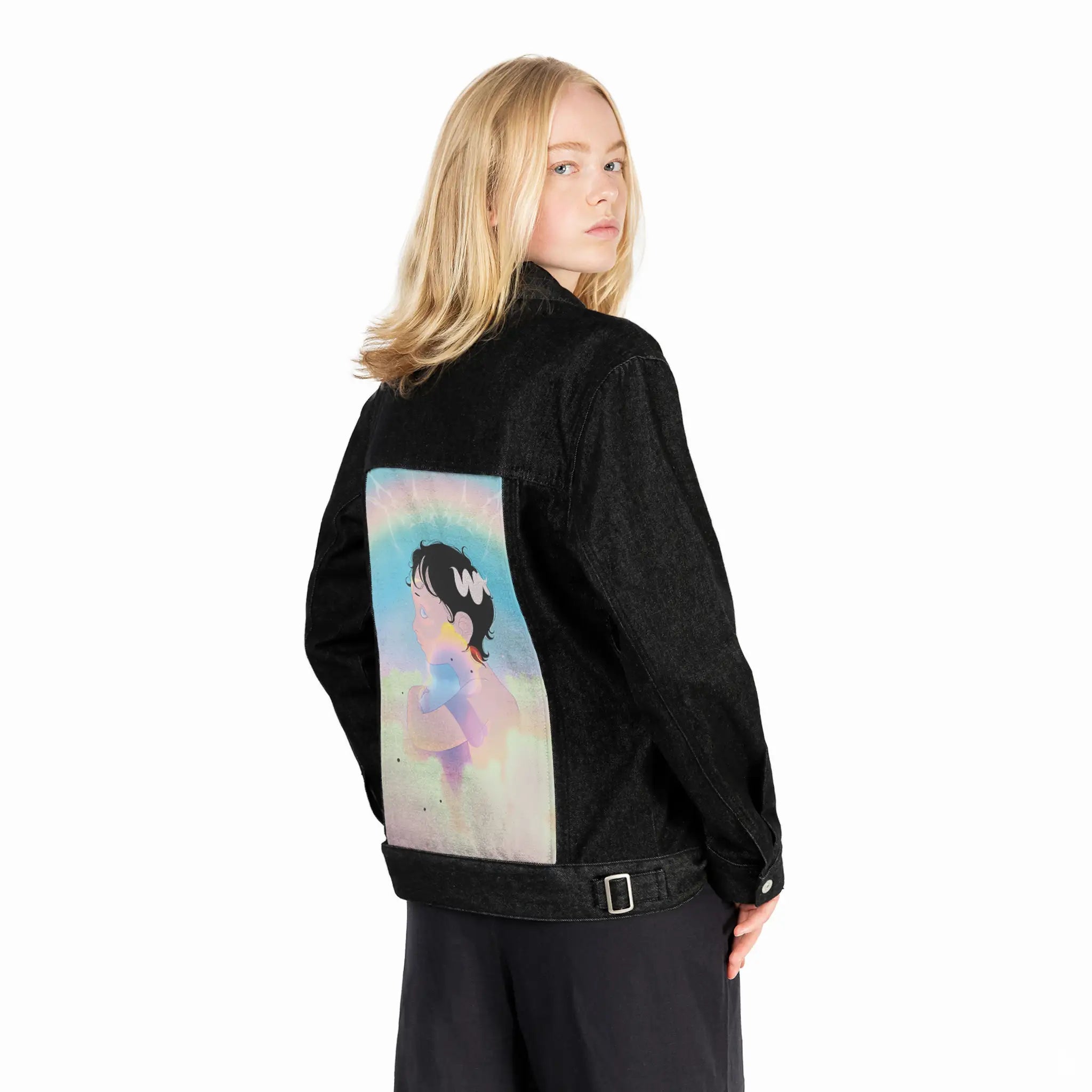 imaginarybestie patch on female og denim jacket in raven