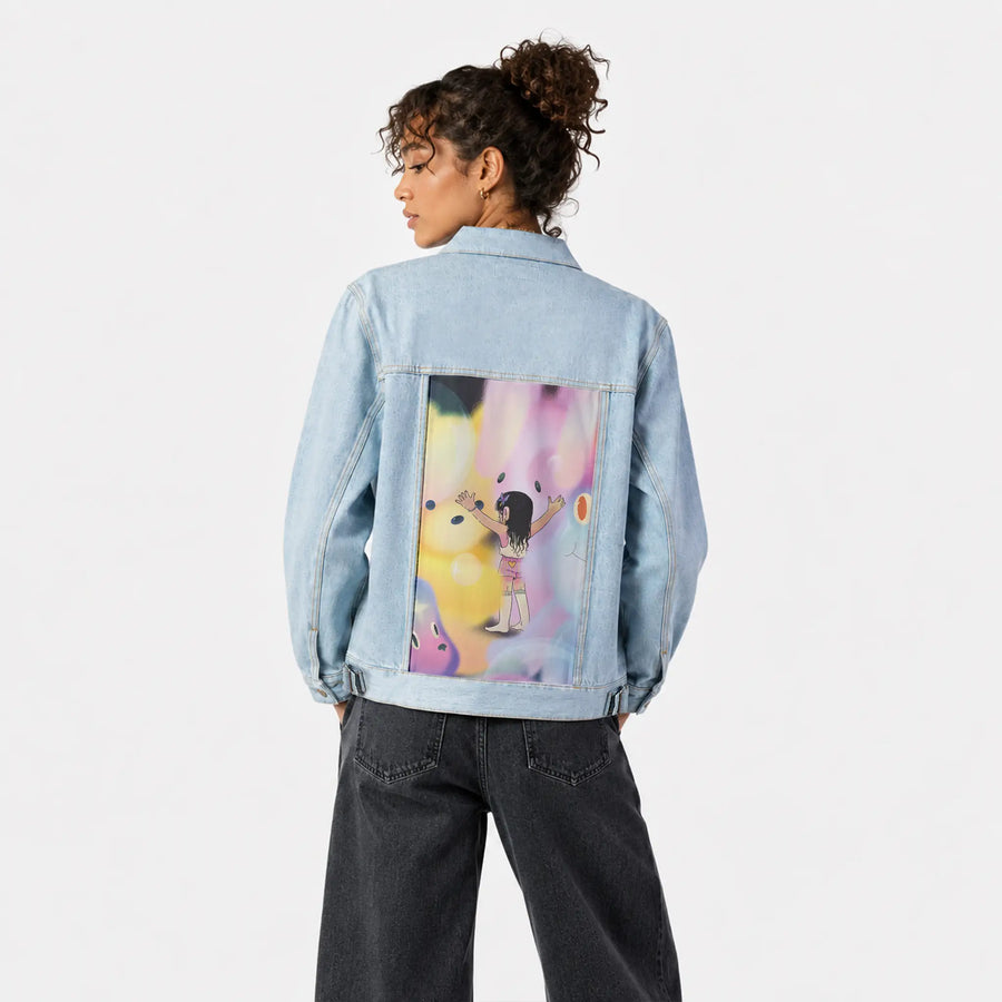 imaginaryfriends patch on female og denim jacket in oceanside