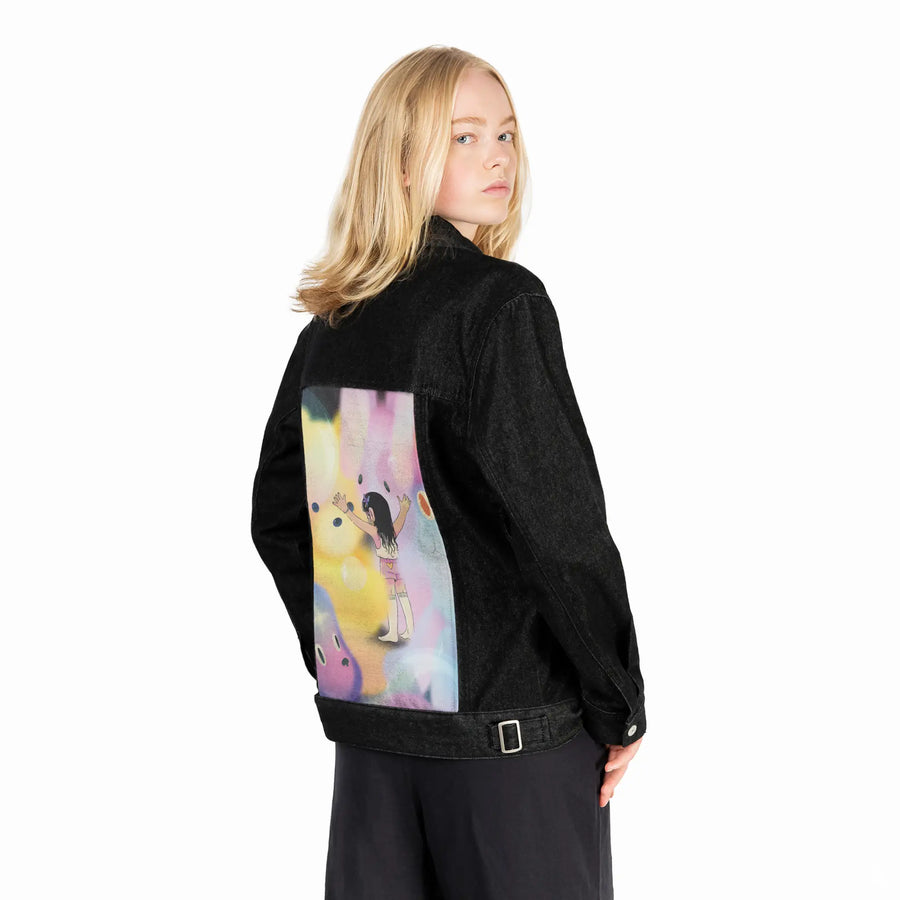 imaginaryfriends patch on female og denim jacket in raven