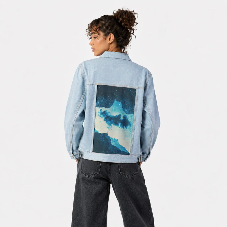 imaginaryworld patch on female og denim jacket in oceanside