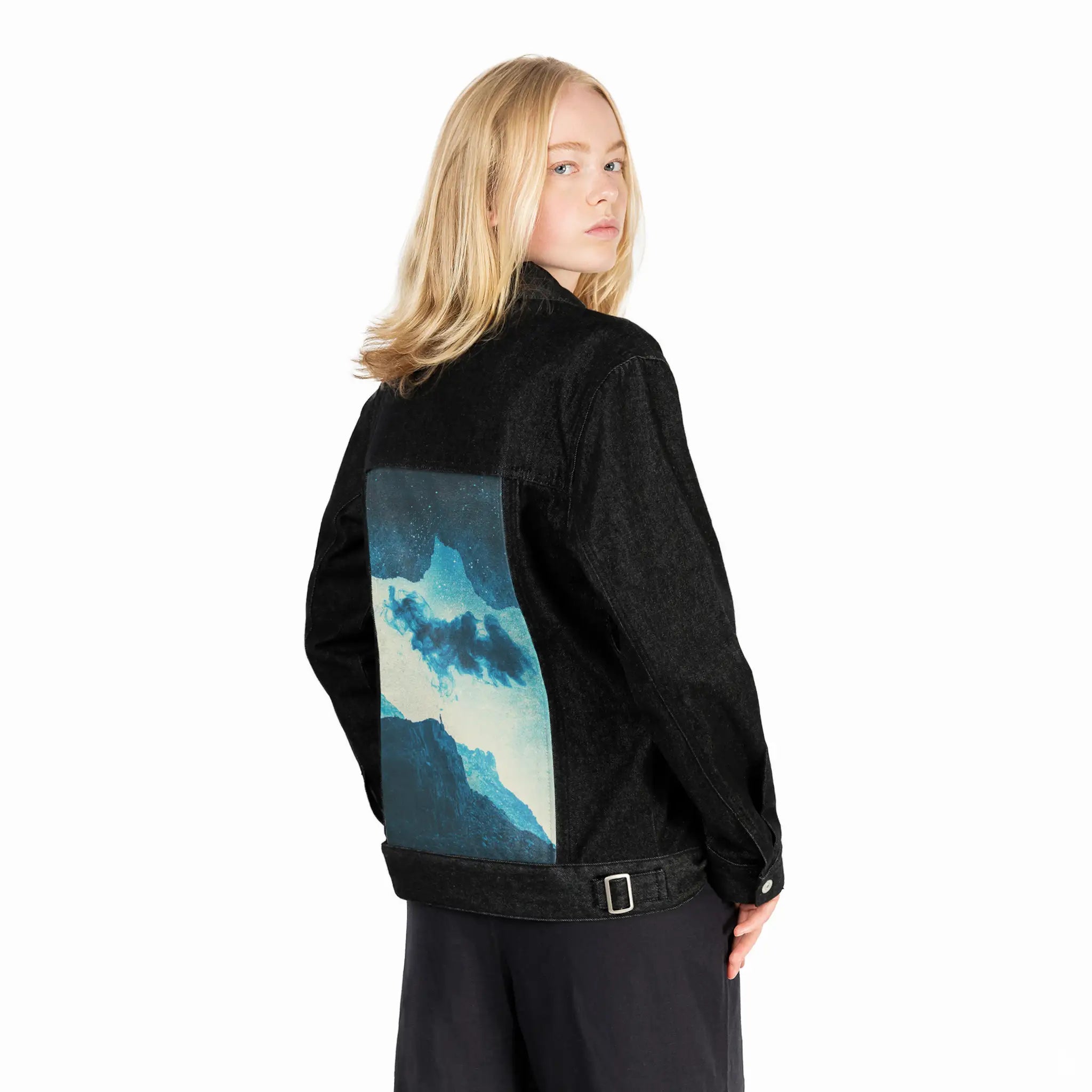 imaginaryworld patch on female og denim jacket in raven