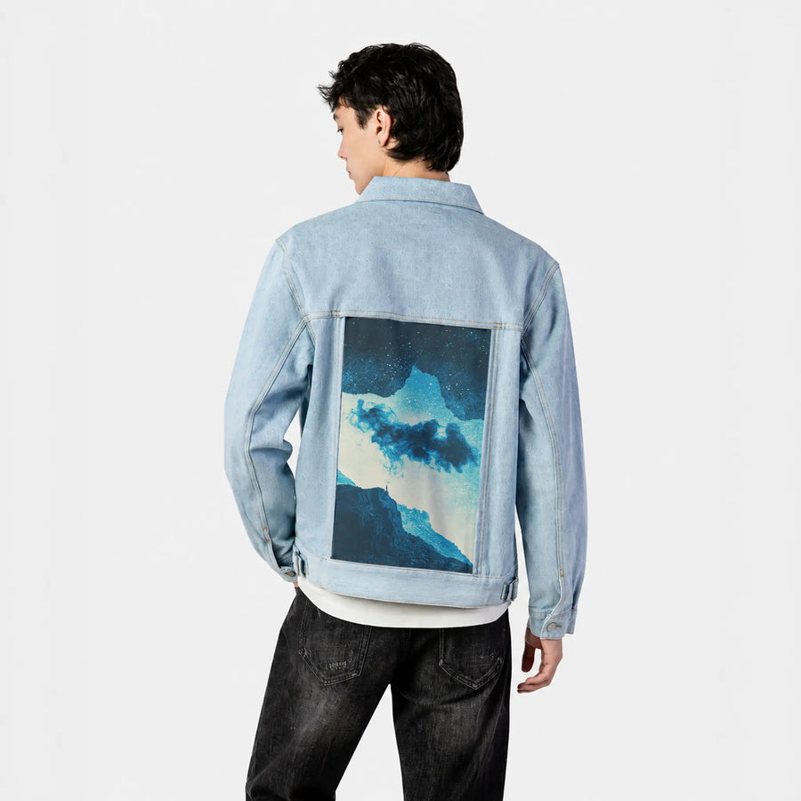 imaginaryworld patch on male og denim jacket in oceanside