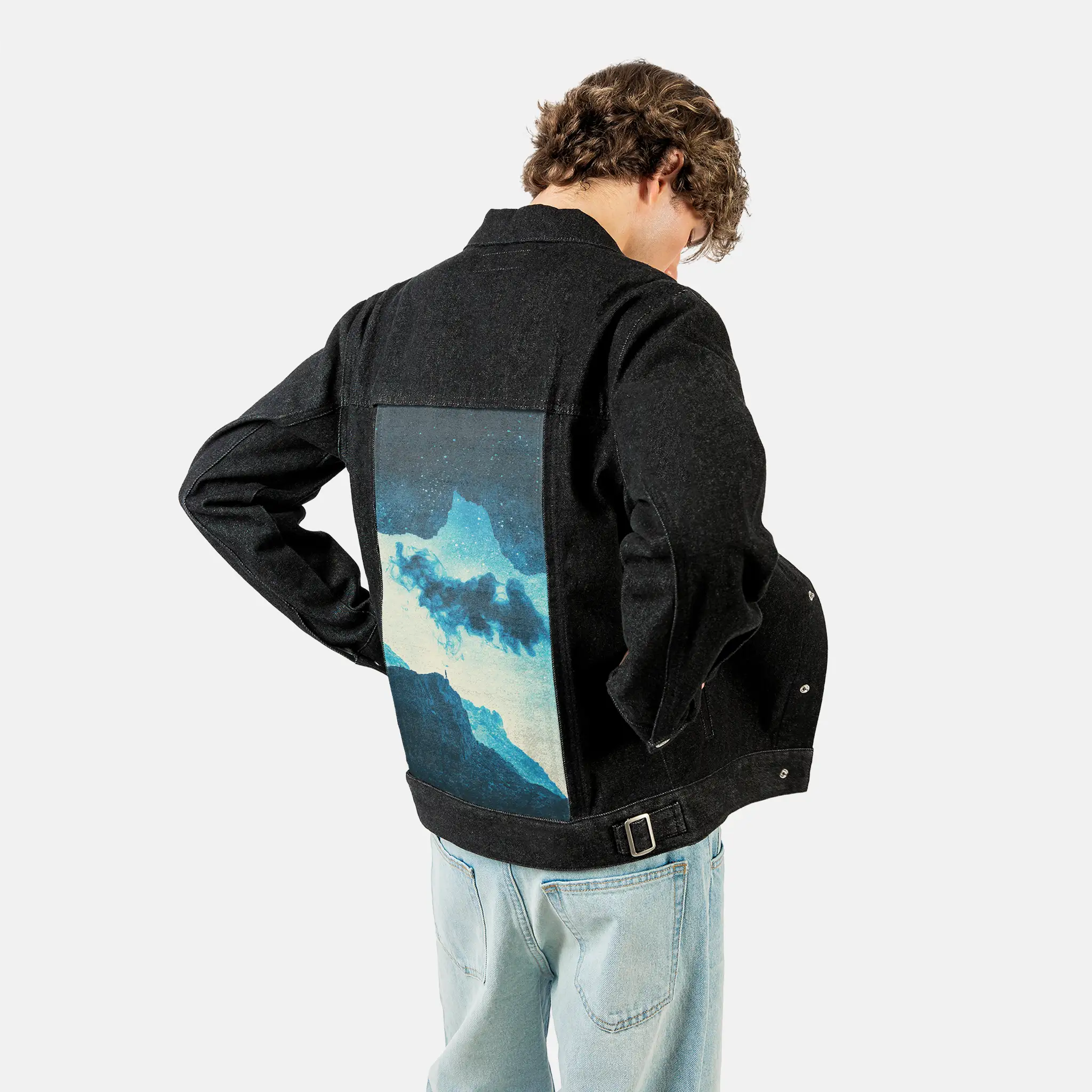 imaginaryworld patch on male og denim jacket in raven