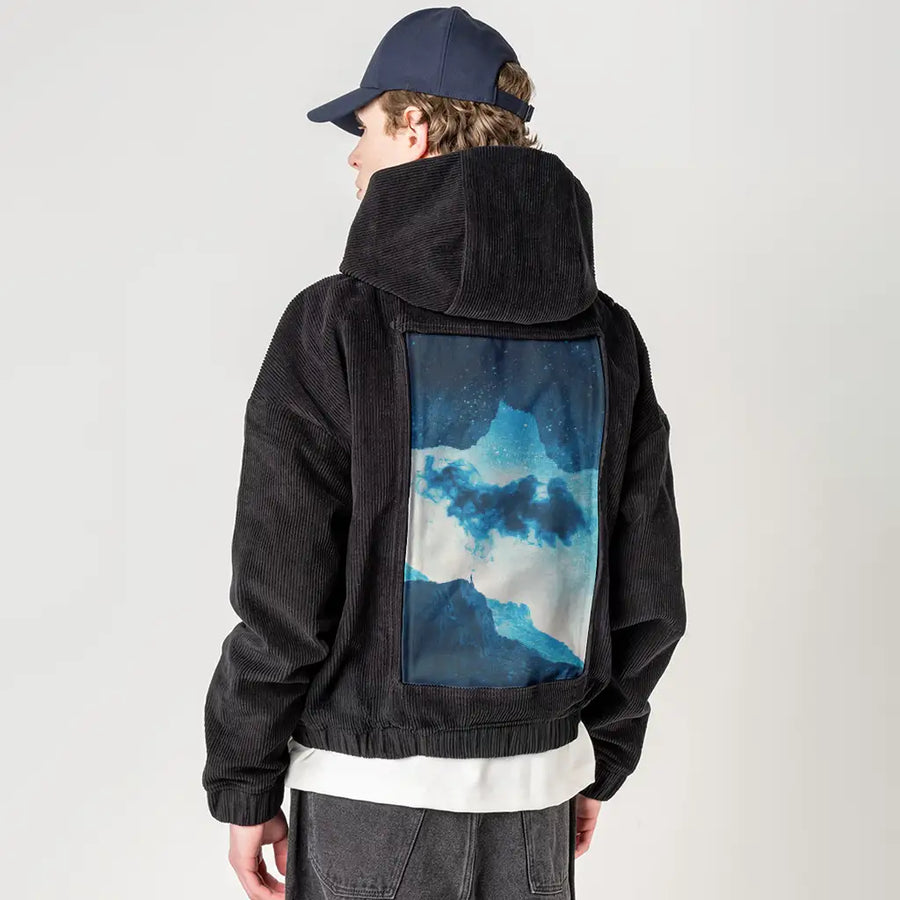 imaginaryworld patch on male retro cord hoodie in onyx