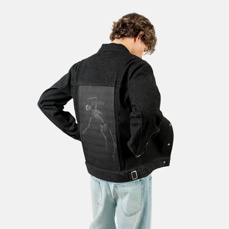 imfallingapart patch on male og denim jacket in raven