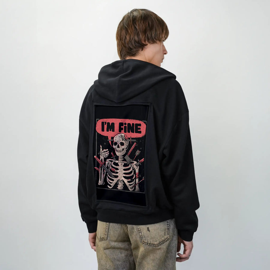 imfineskeleton patch on male essential zip hoodie in after hours