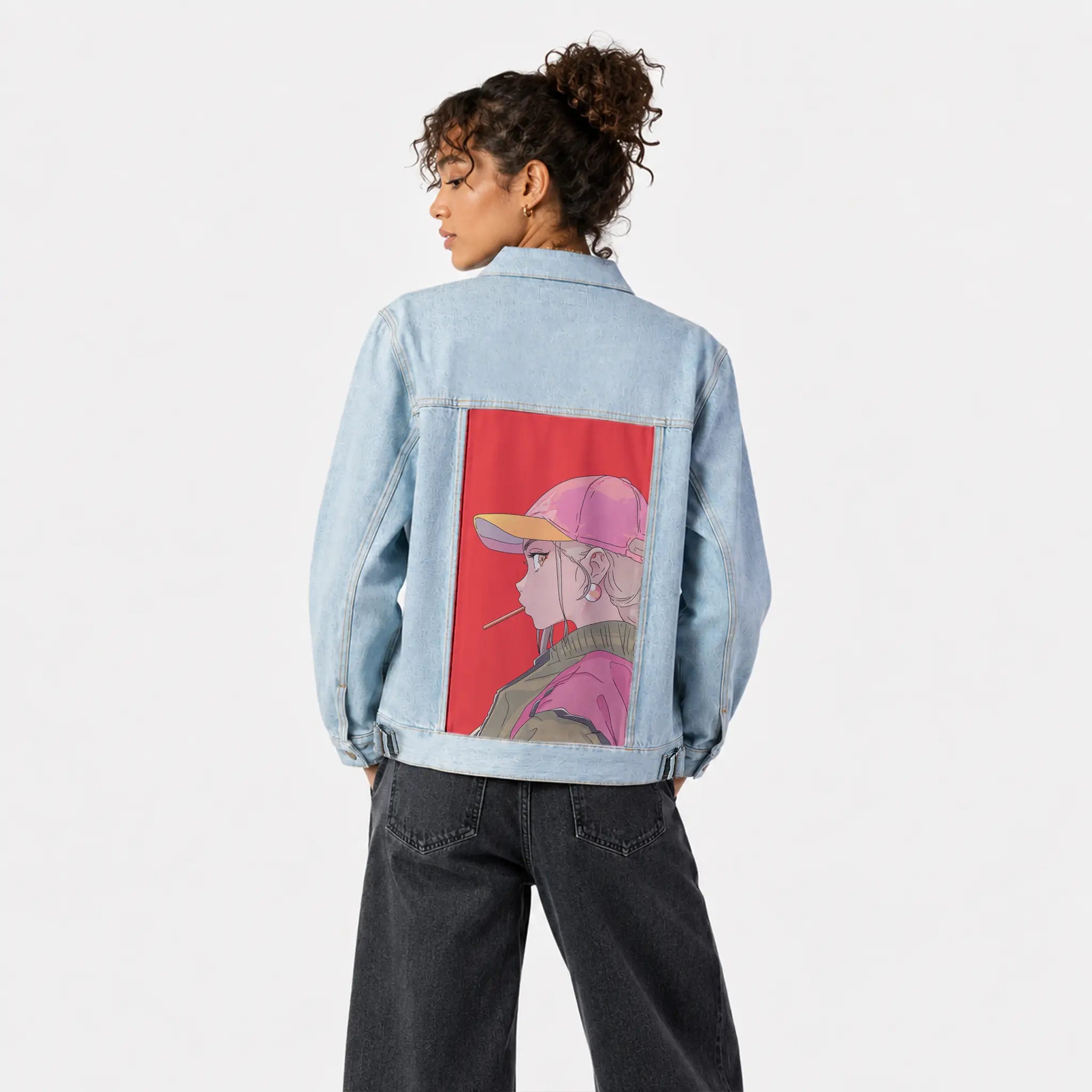 indieview patch on female og denim jacket in oceanside