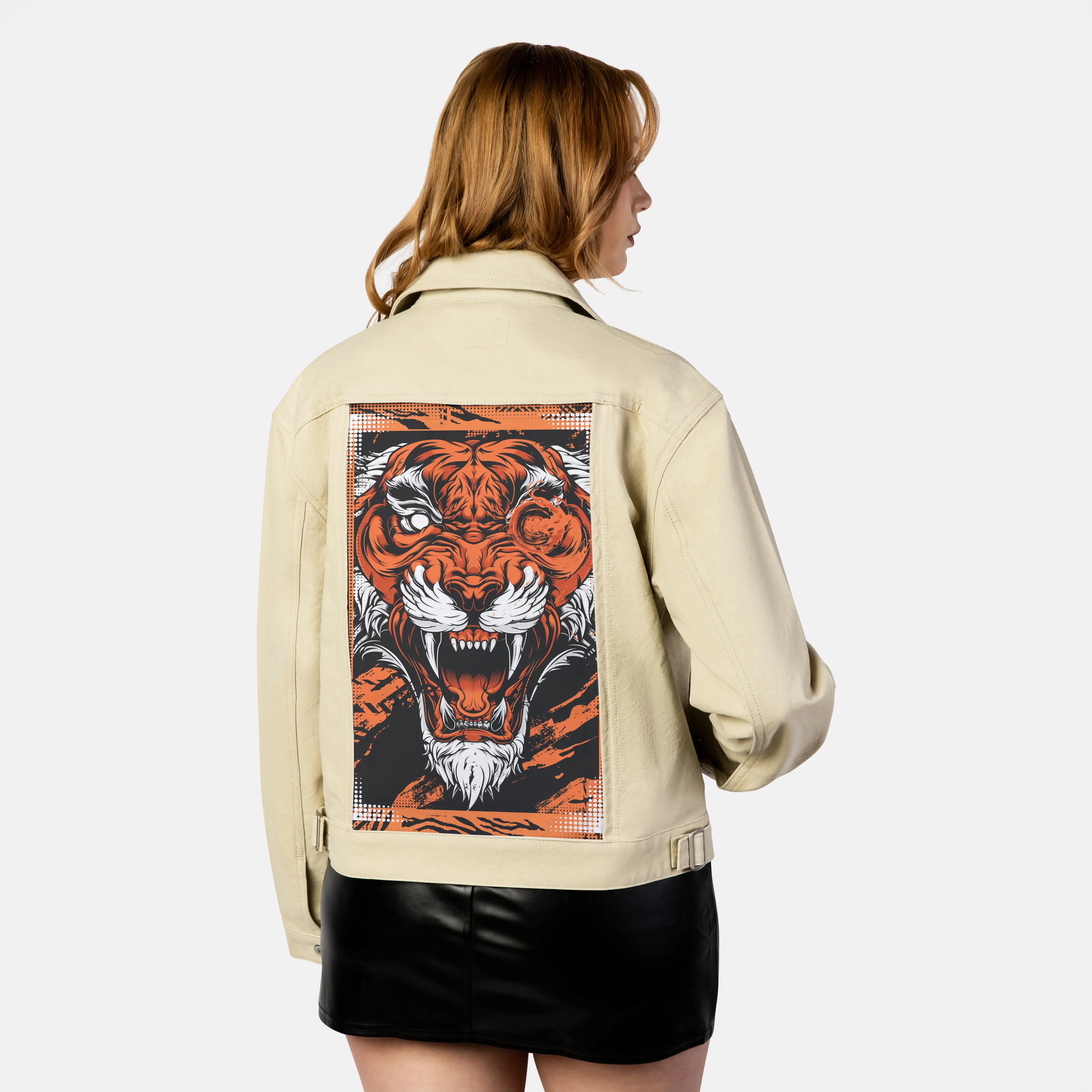 infernalbeast patch on female atelier canvas jacket in tan