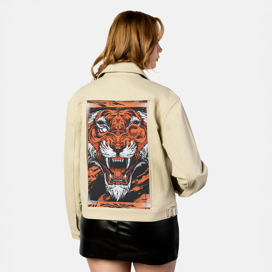 infernalbeast patch on female atelier canvas jacket in tan
