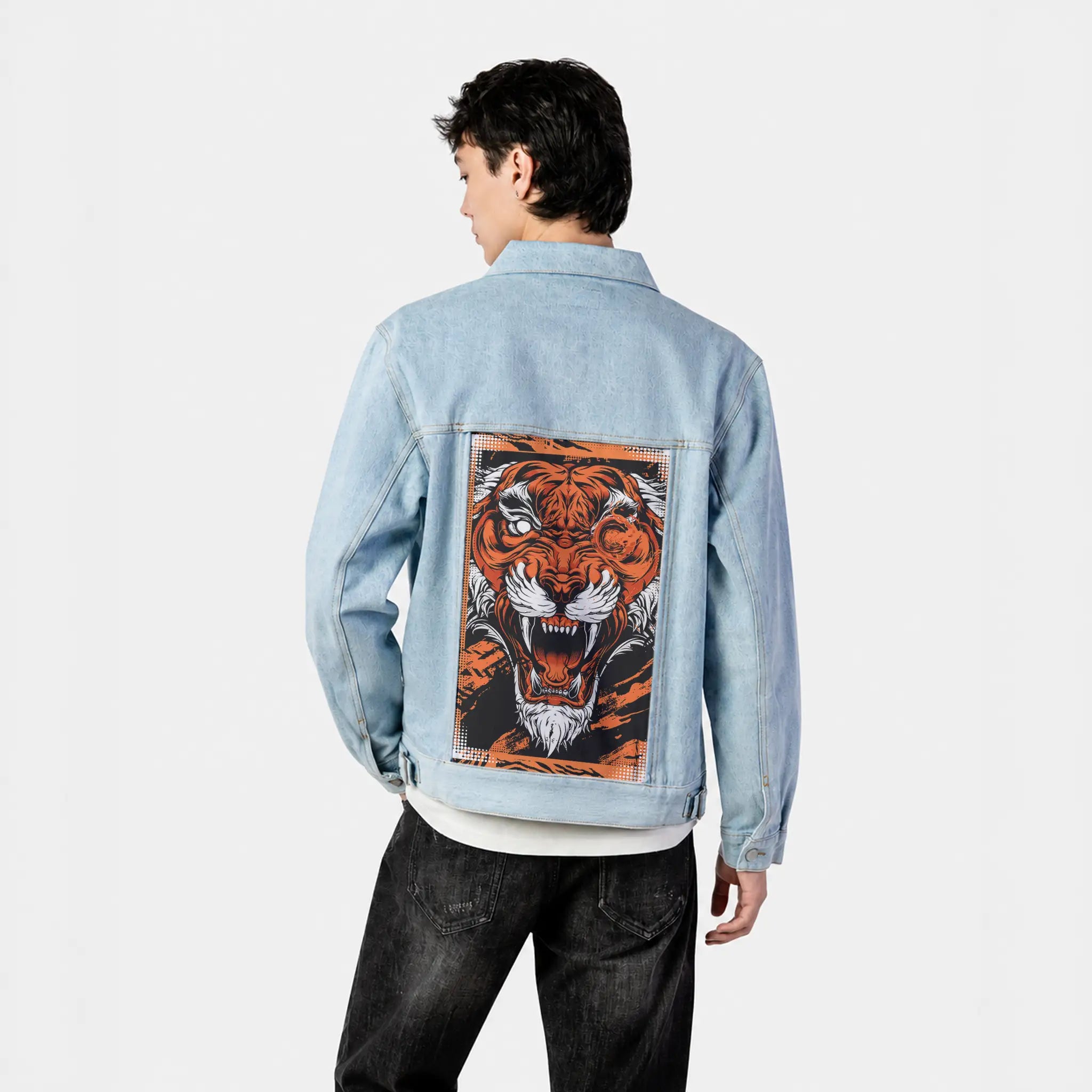 infernalbeast patch on male og denim jacket in oceanside