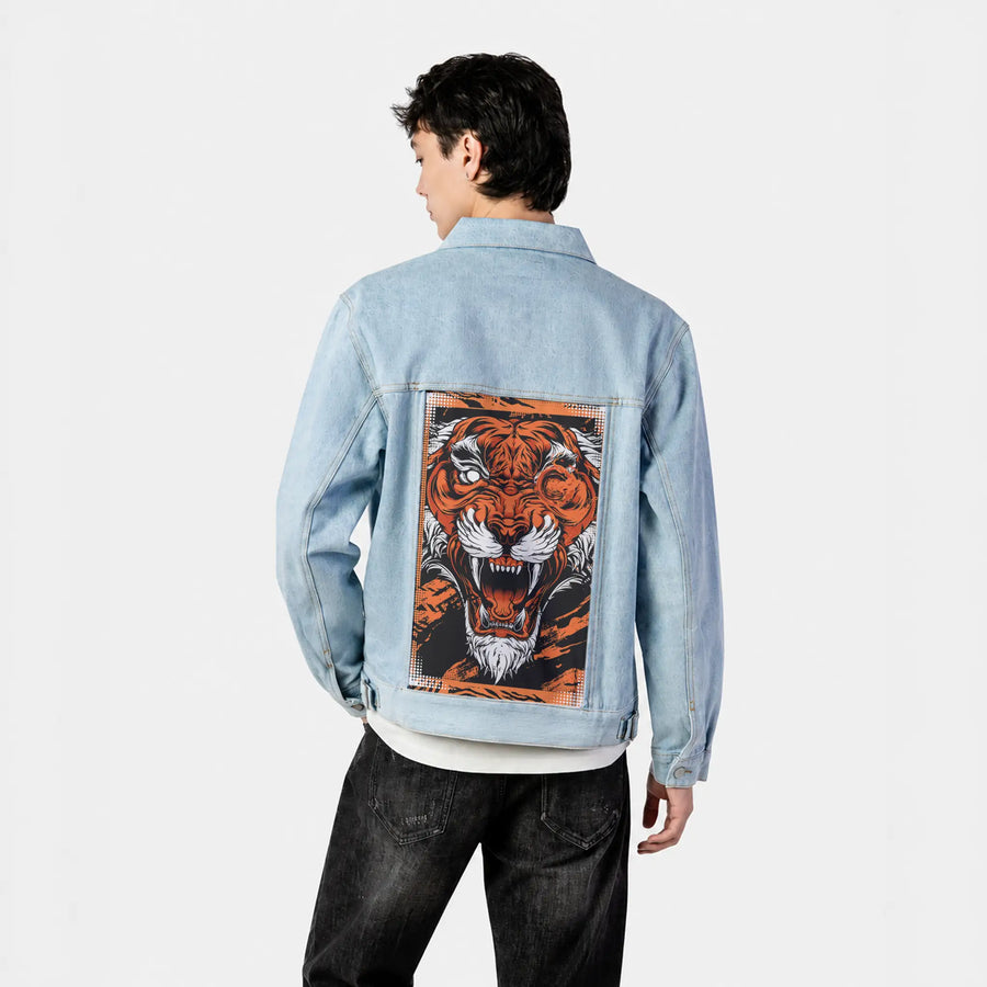 infernalbeast patch on male og denim jacket in oceanside