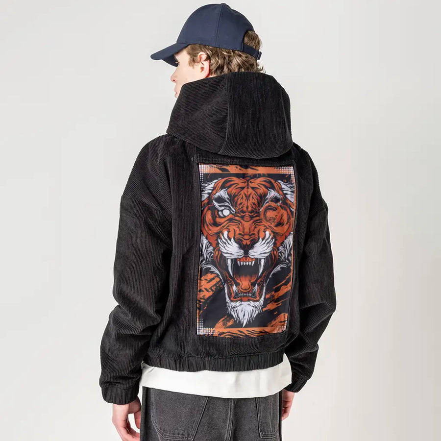 infernalbeast patch on male retro cord hoodie in onyx