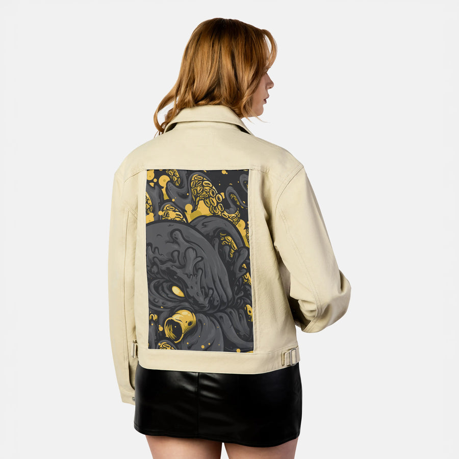 inkedkraken patch on female atelier canvas jacket in tan