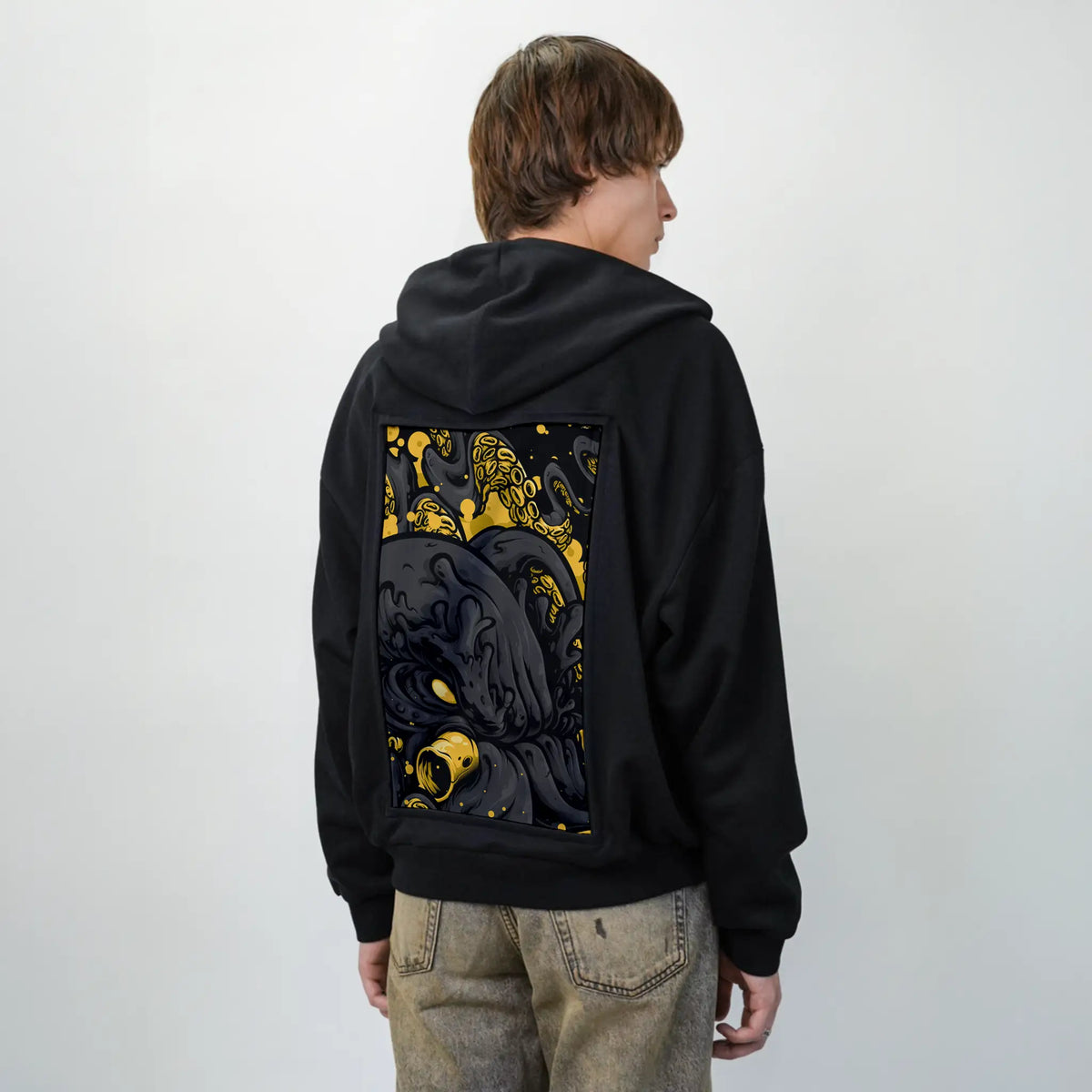 inkedkraken patch on male essential zip hoodie in after hours