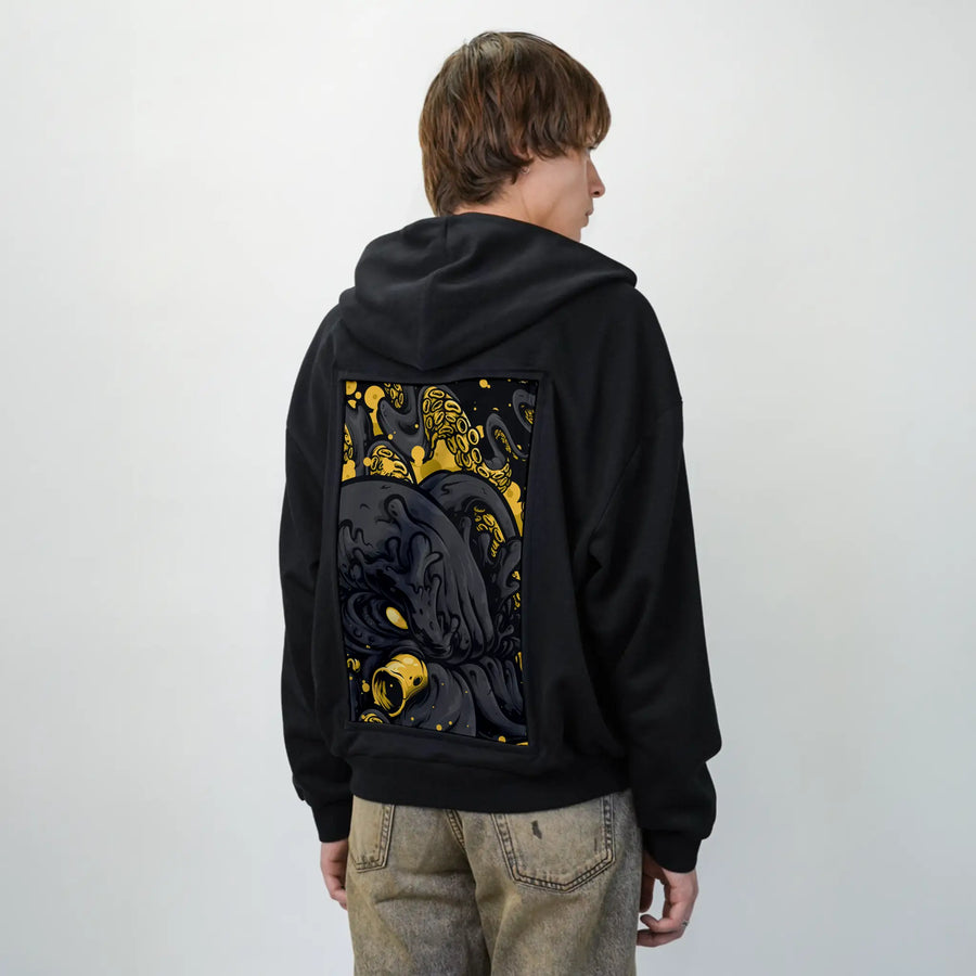 inkedkraken patch on male essential zip hoodie in after hours