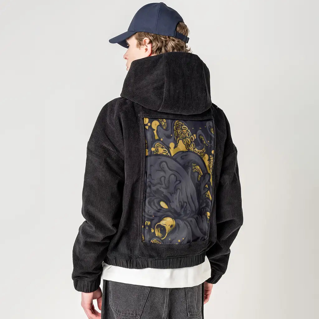 inkedkraken patch on male retro cord hoodie in onyx