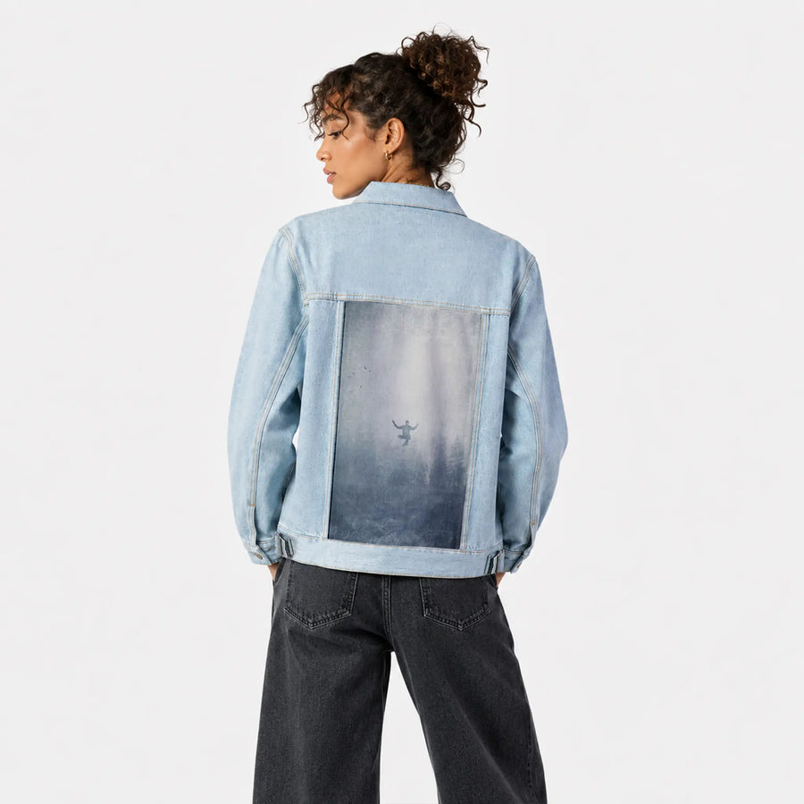 innerpeace patch on female og denim jacket in oceanside