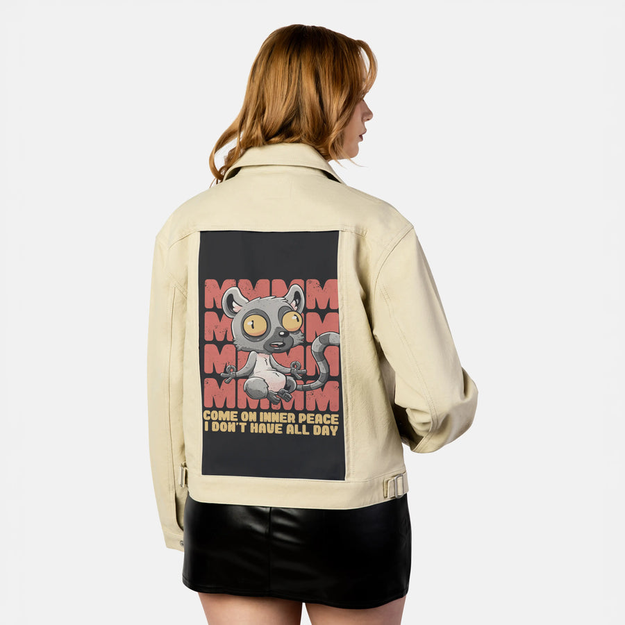 innerpeaceday patch on female atelier canvas jacket in tan