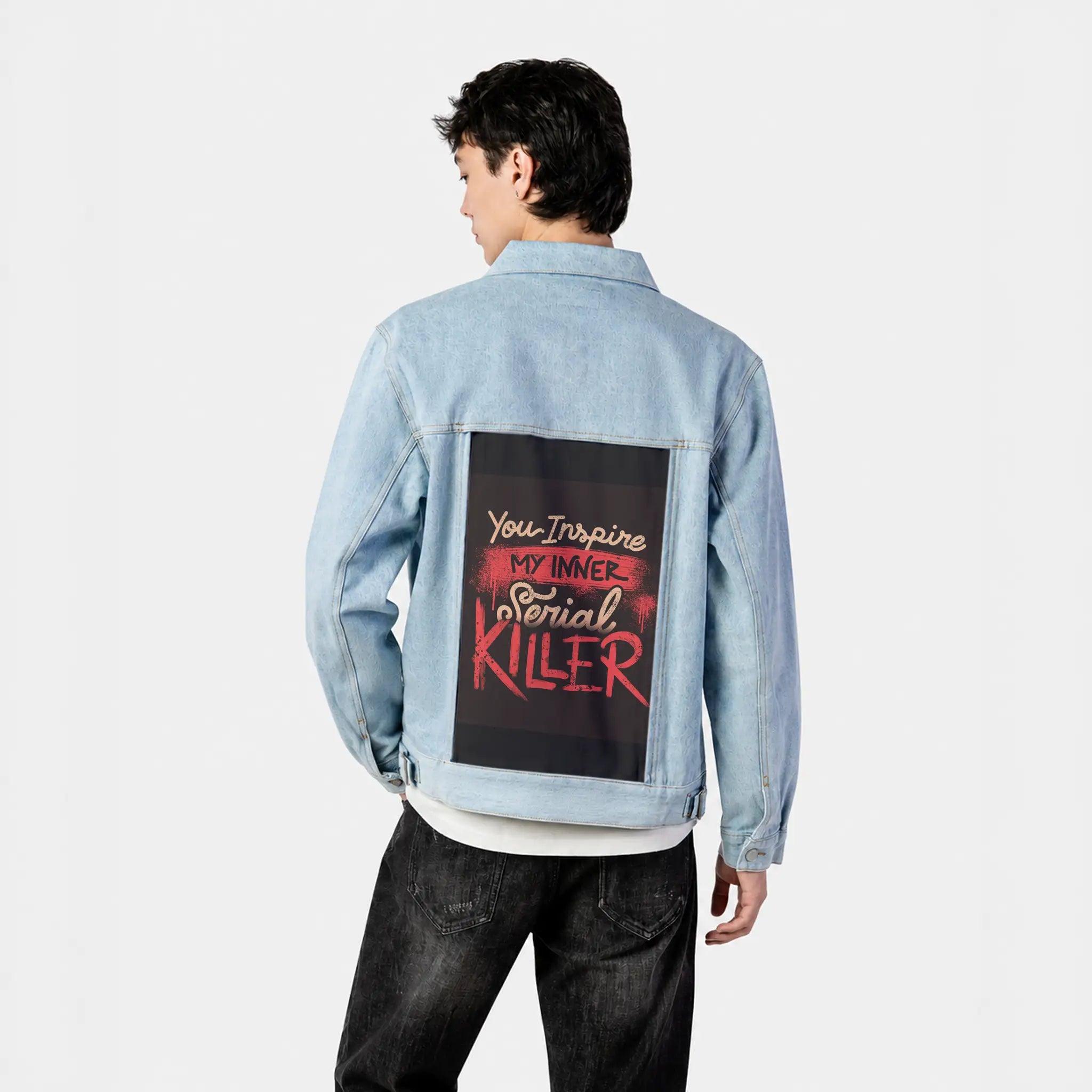 innerserial patch on male og denim jacket in oceanside