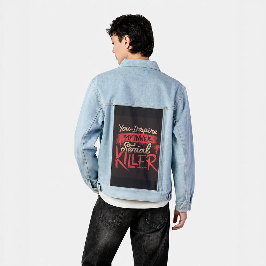 innerserial patch on male og denim jacket in oceanside