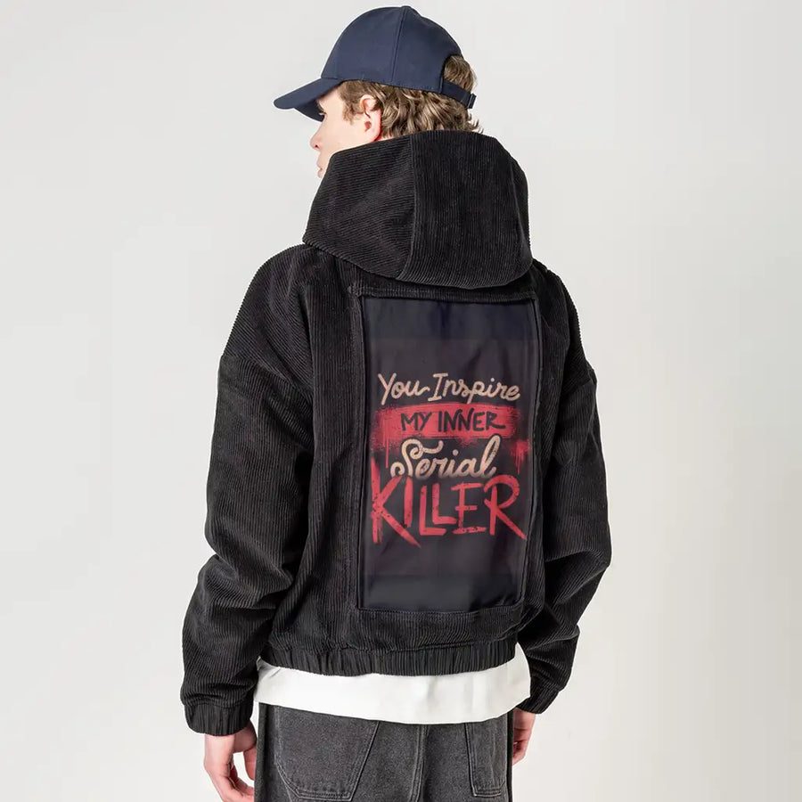 innerserial patch on male retro cord hoodie in onyx