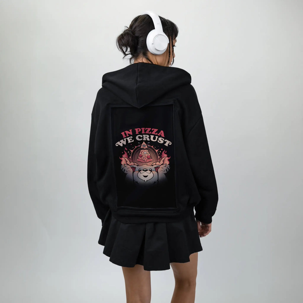 inpizzawecrust patch on female essential zip hoodie in after hours