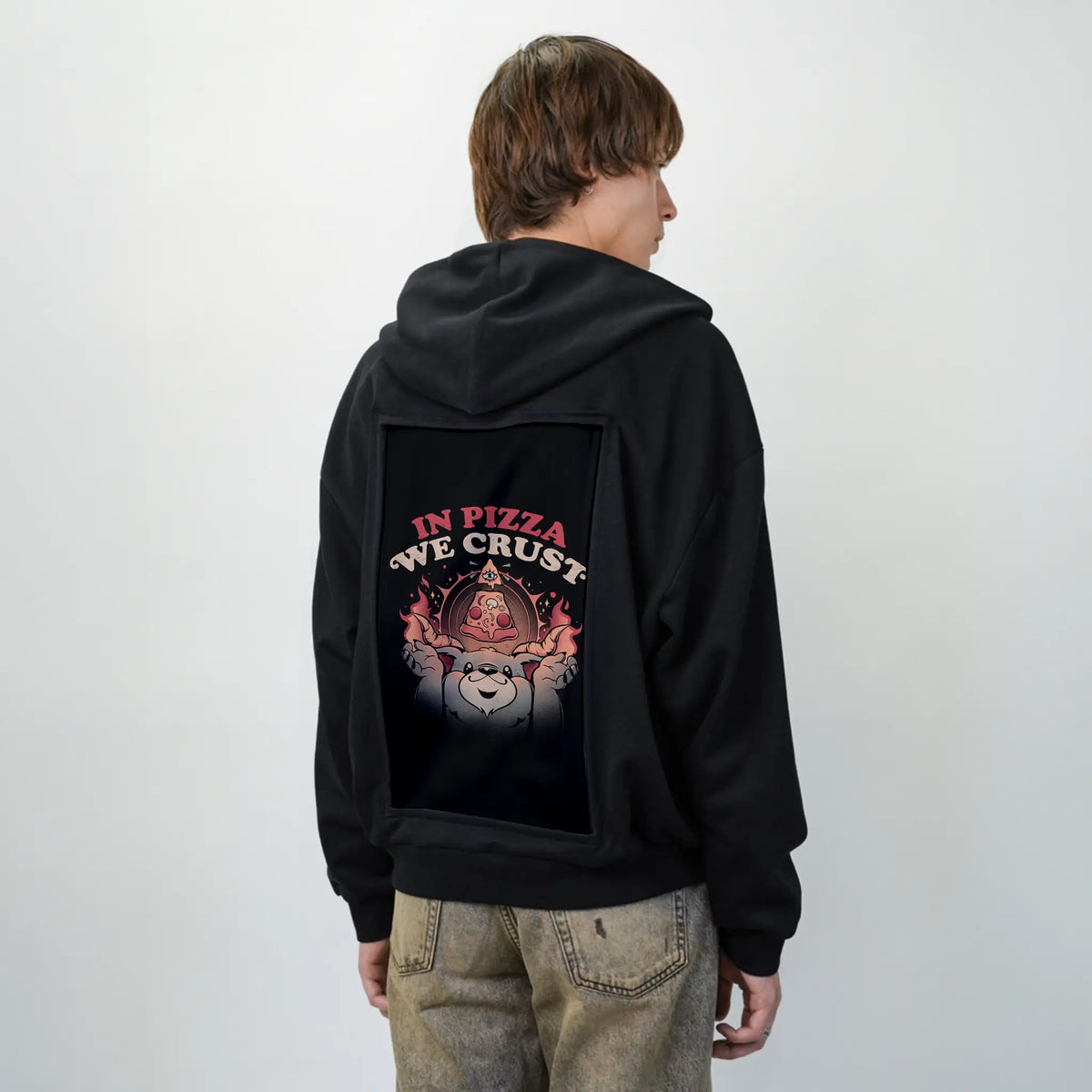 inpizzawecrust patch on male essential zip hoodie in after hours