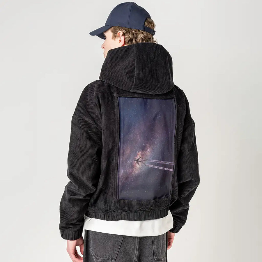 intergalacticii patch on male retro cord hoodie in onyx