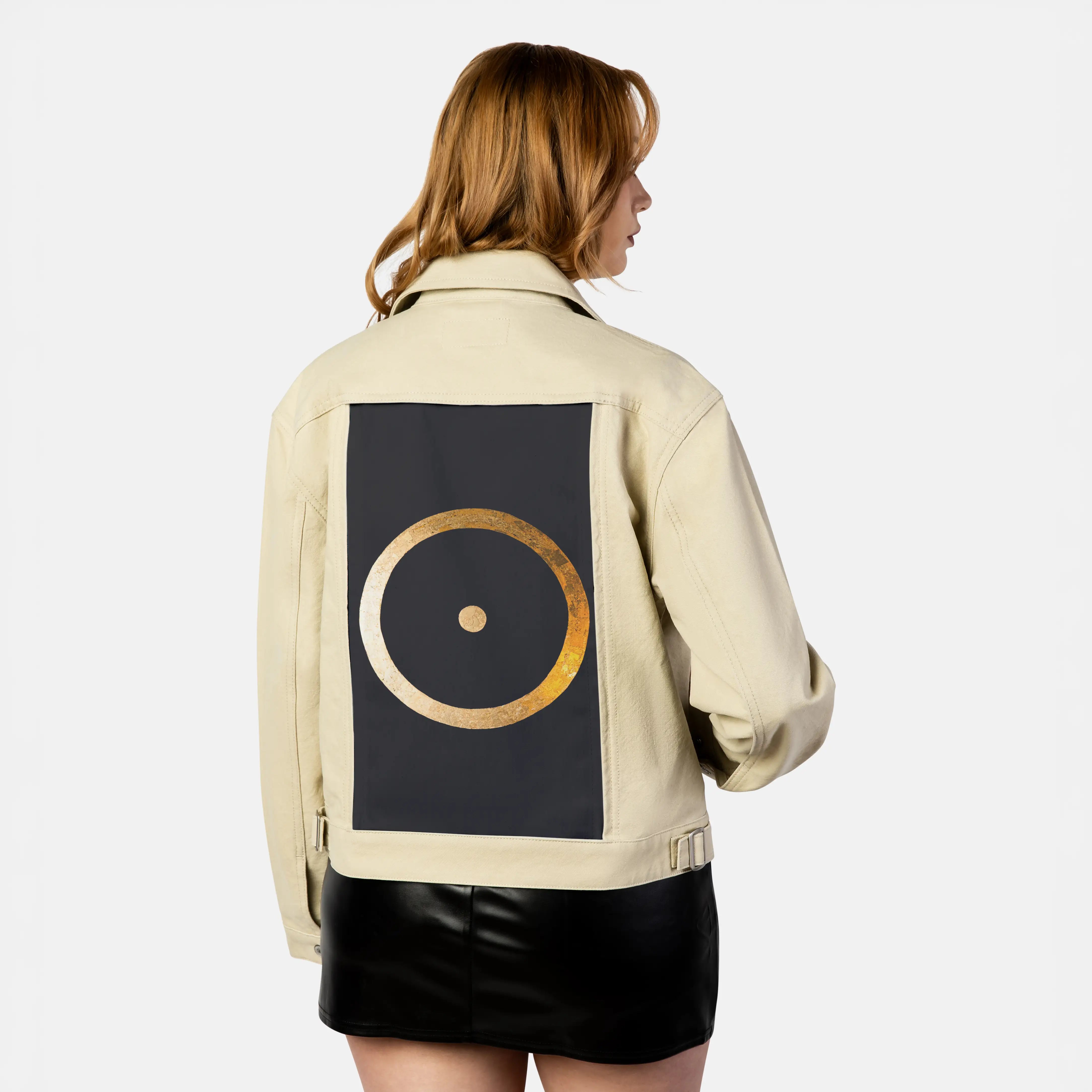 inthebeginning patch on female atelier canvas jacket in tan