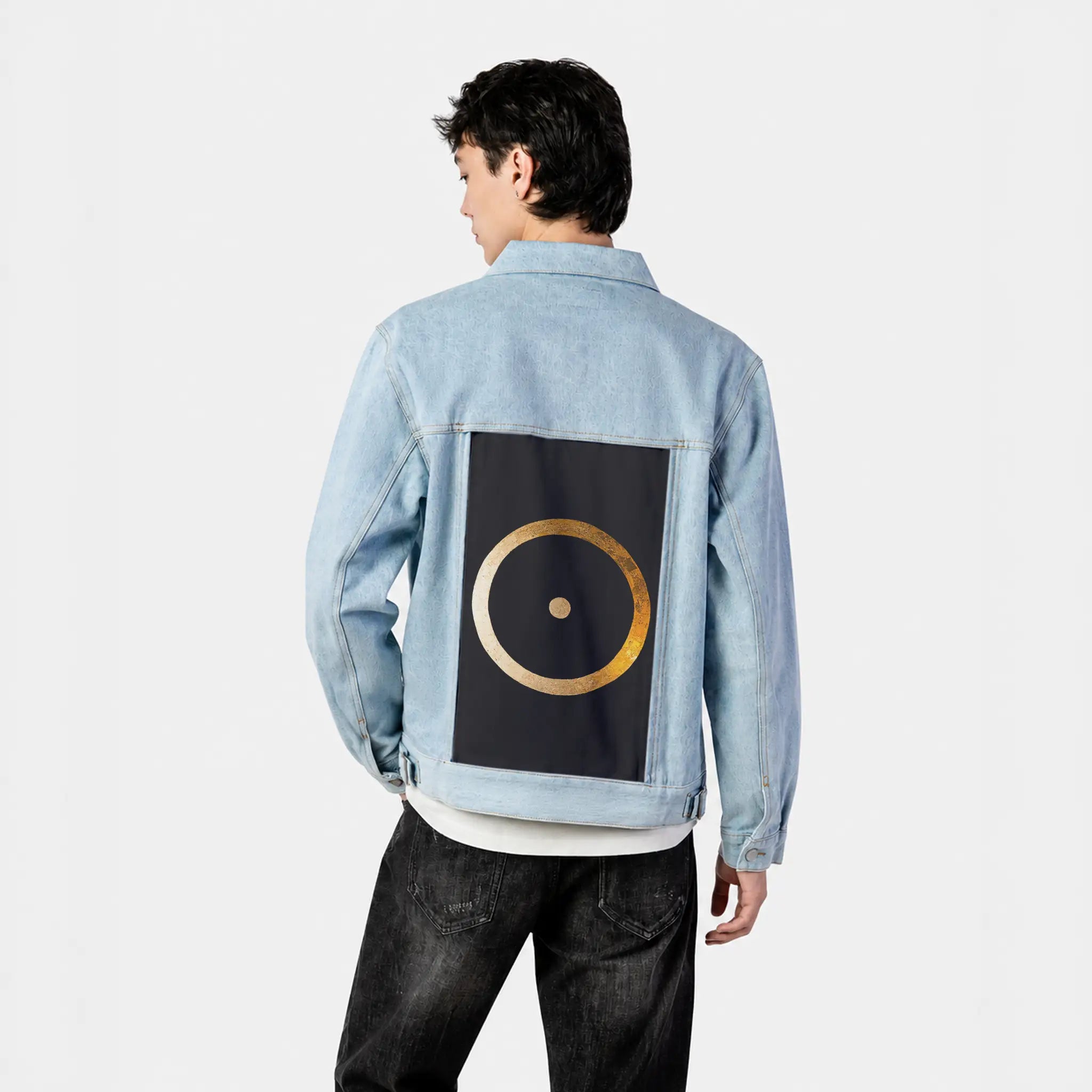inthebeginning patch on male og denim jacket in oceanside