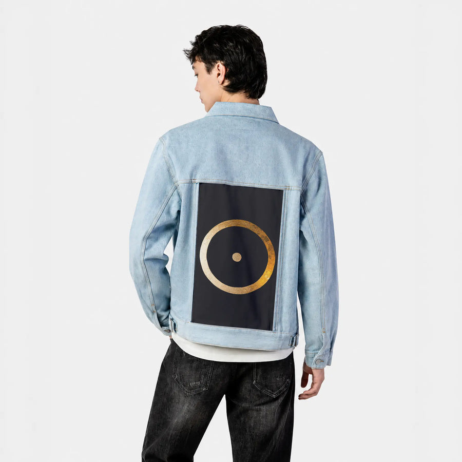 inthebeginning patch on male og denim jacket in oceanside