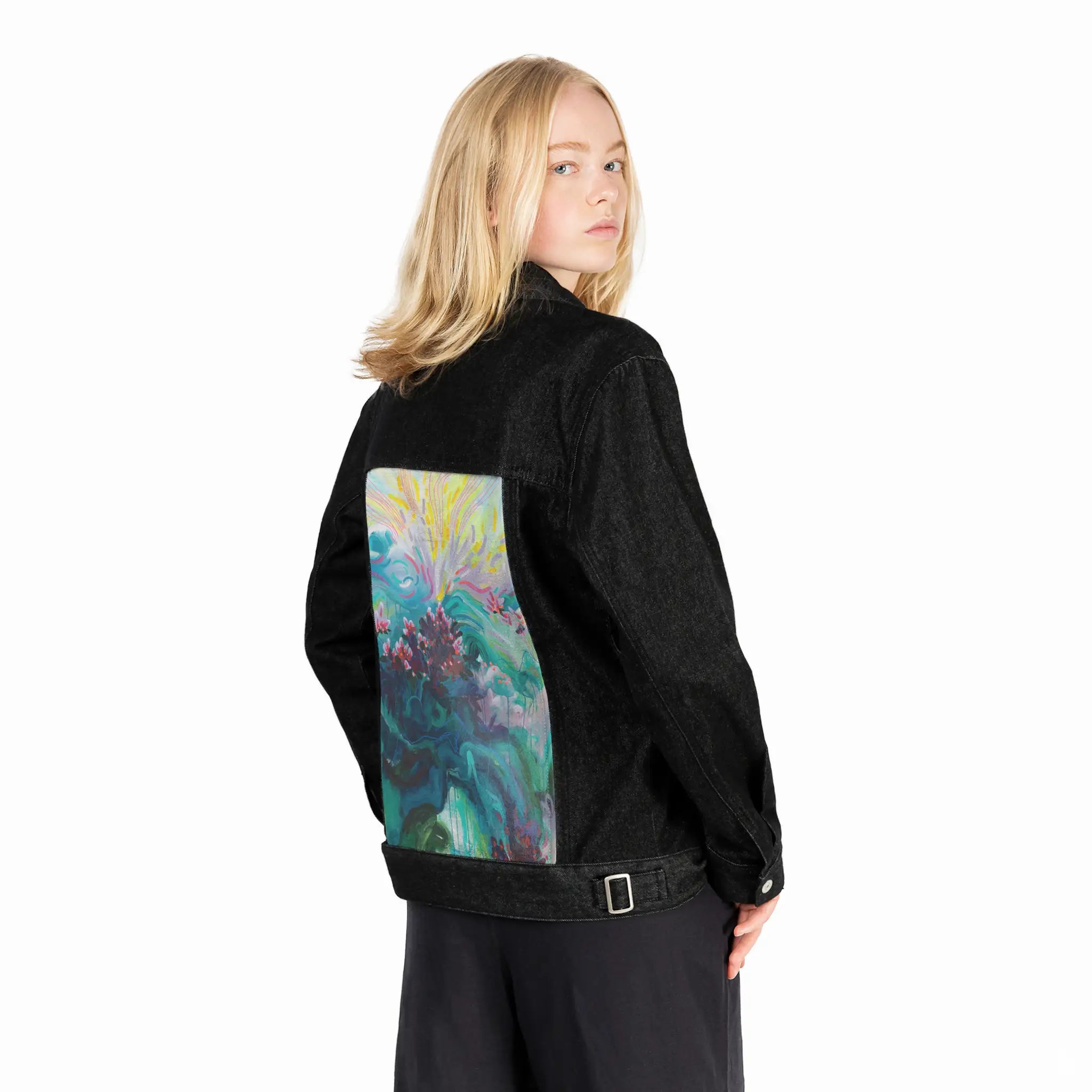 inthedeep patch on female og denim jacket in raven