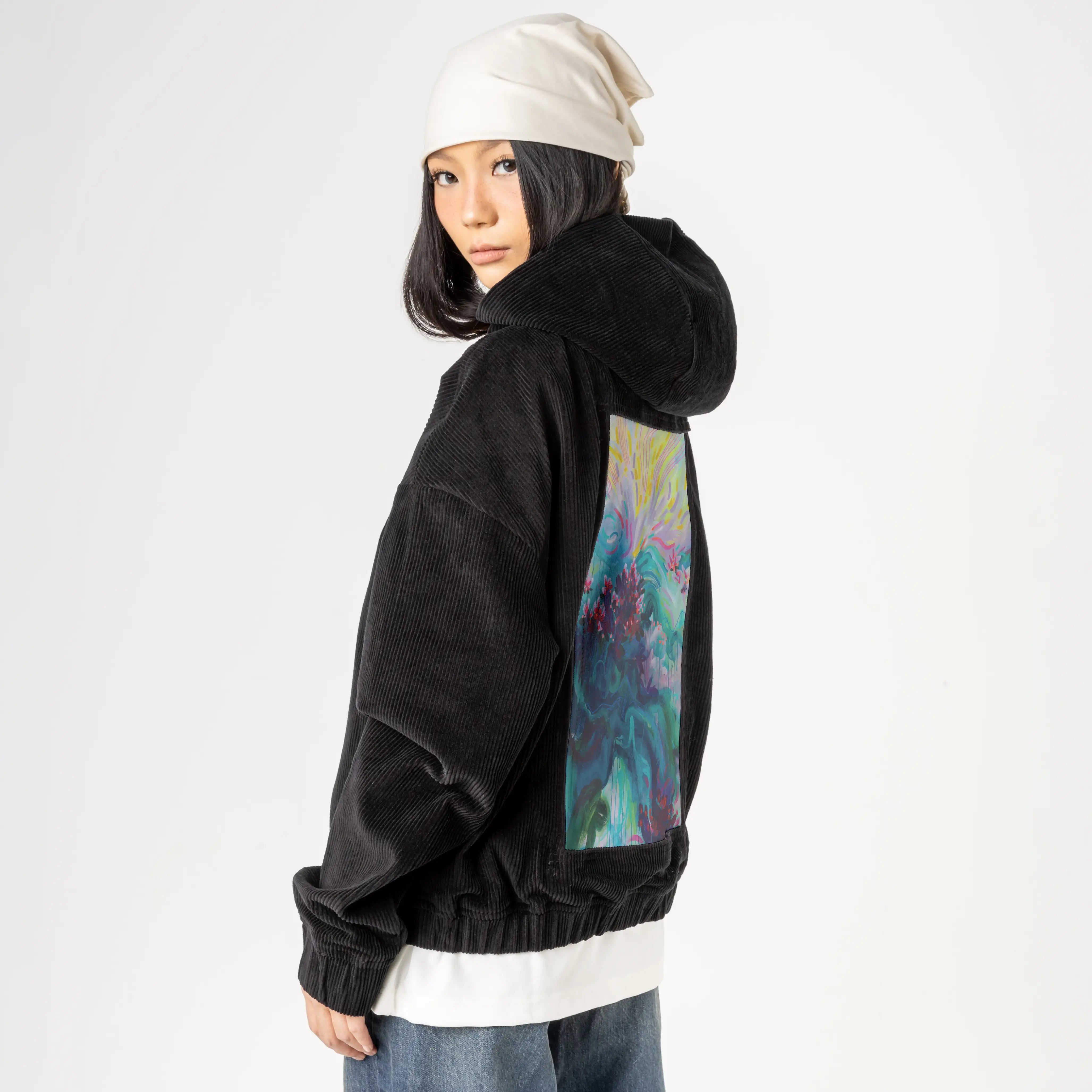 inthedeep patch on female retro cord hoodie in onyx