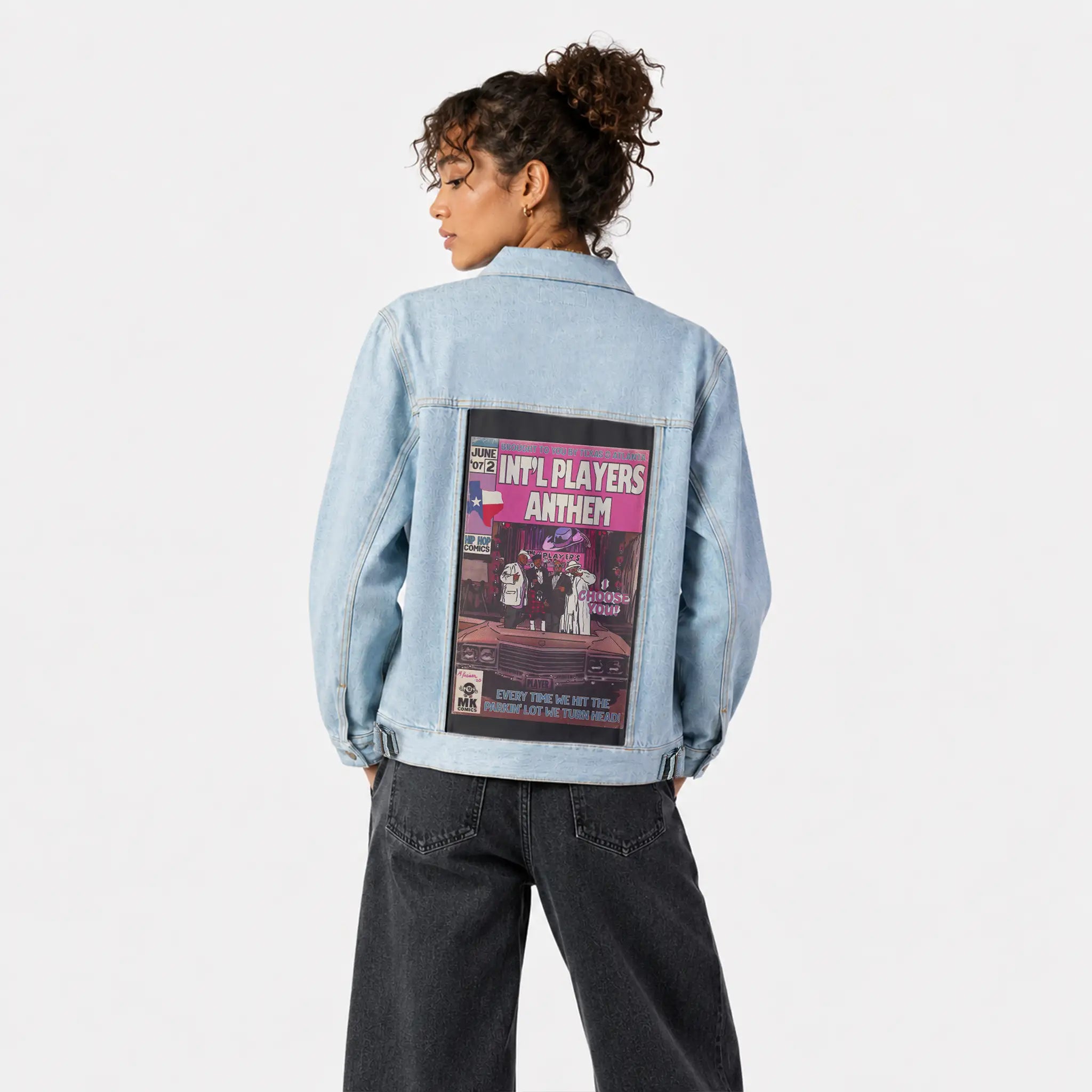 intlplayers patch on female og denim jacket in oceanside