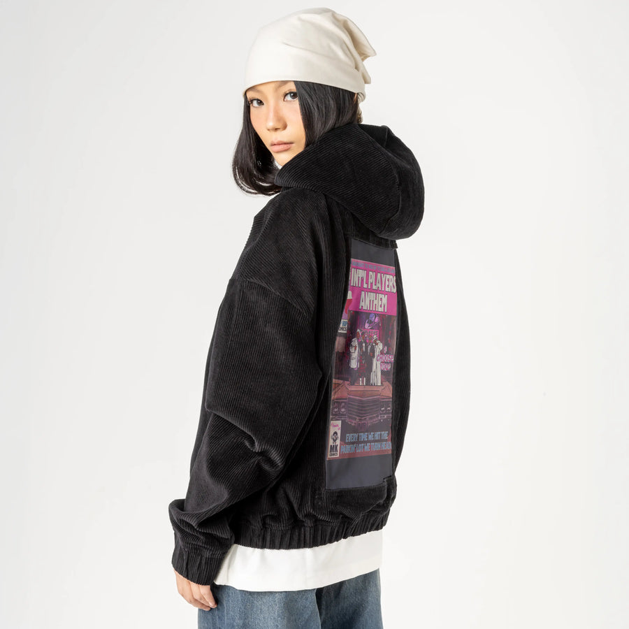 intlplayers patch on female retro cord hoodie in onyx