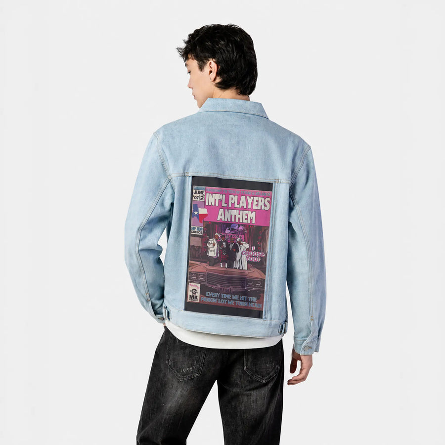 intlplayers patch on male og denim jacket in oceanside