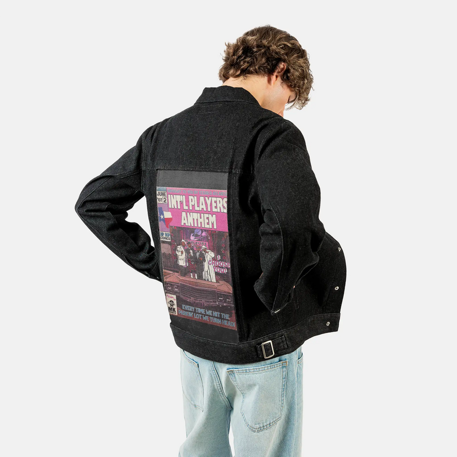 intlplayers patch on male og denim jacket in raven