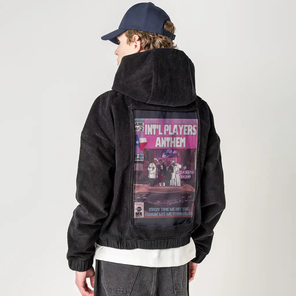 intlplayers patch on male retro cord hoodie in onyx