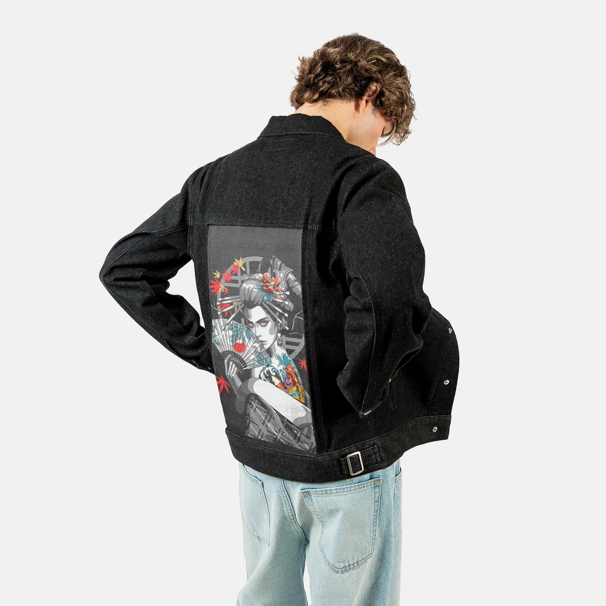 irezumifan patch on male og denim jacket in raven