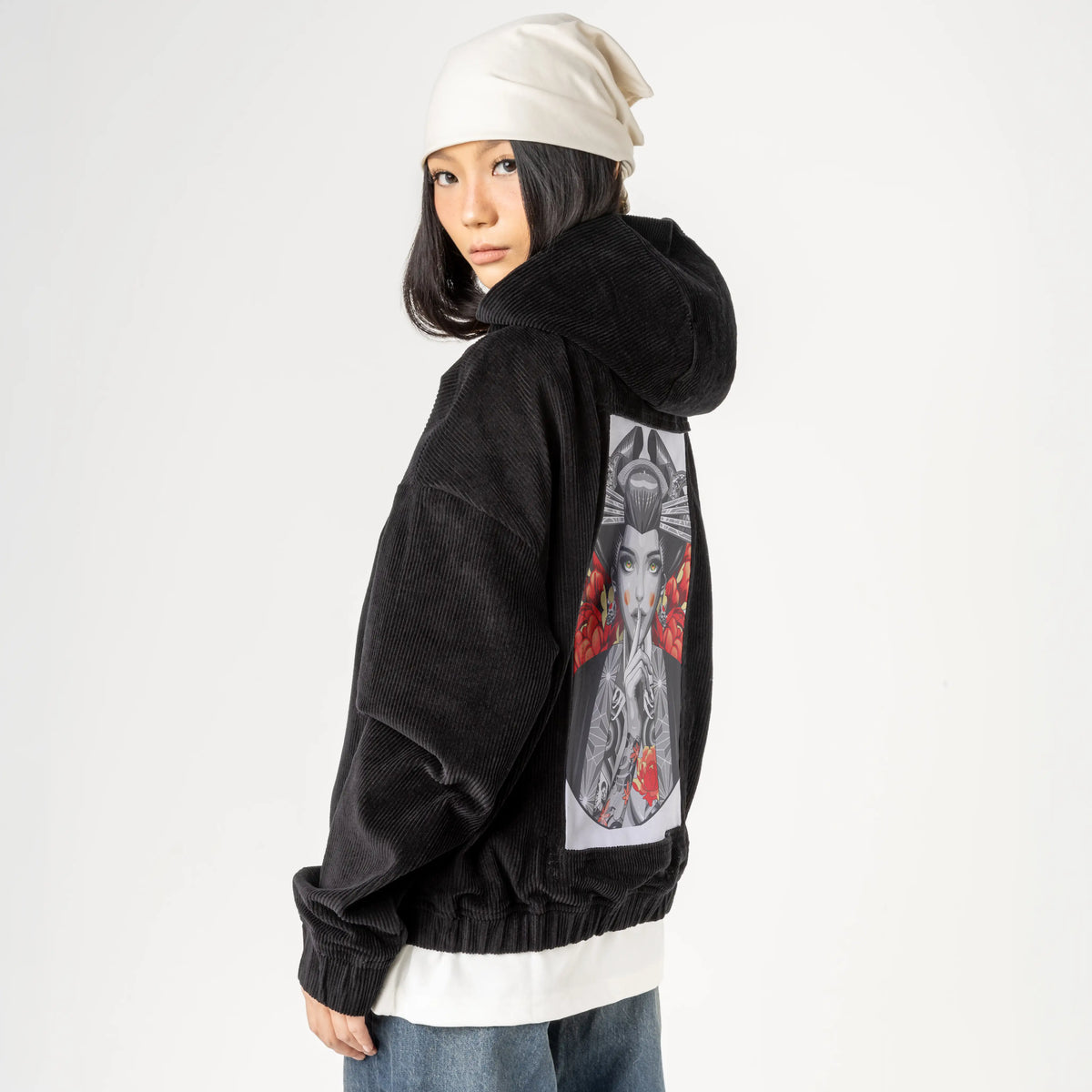 irezumishh patch on female retro cord hoodie in onyx