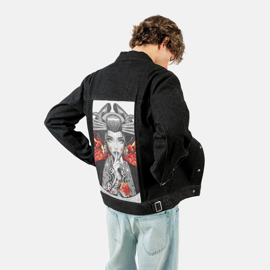 irezumishh patch on male og denim jacket in raven