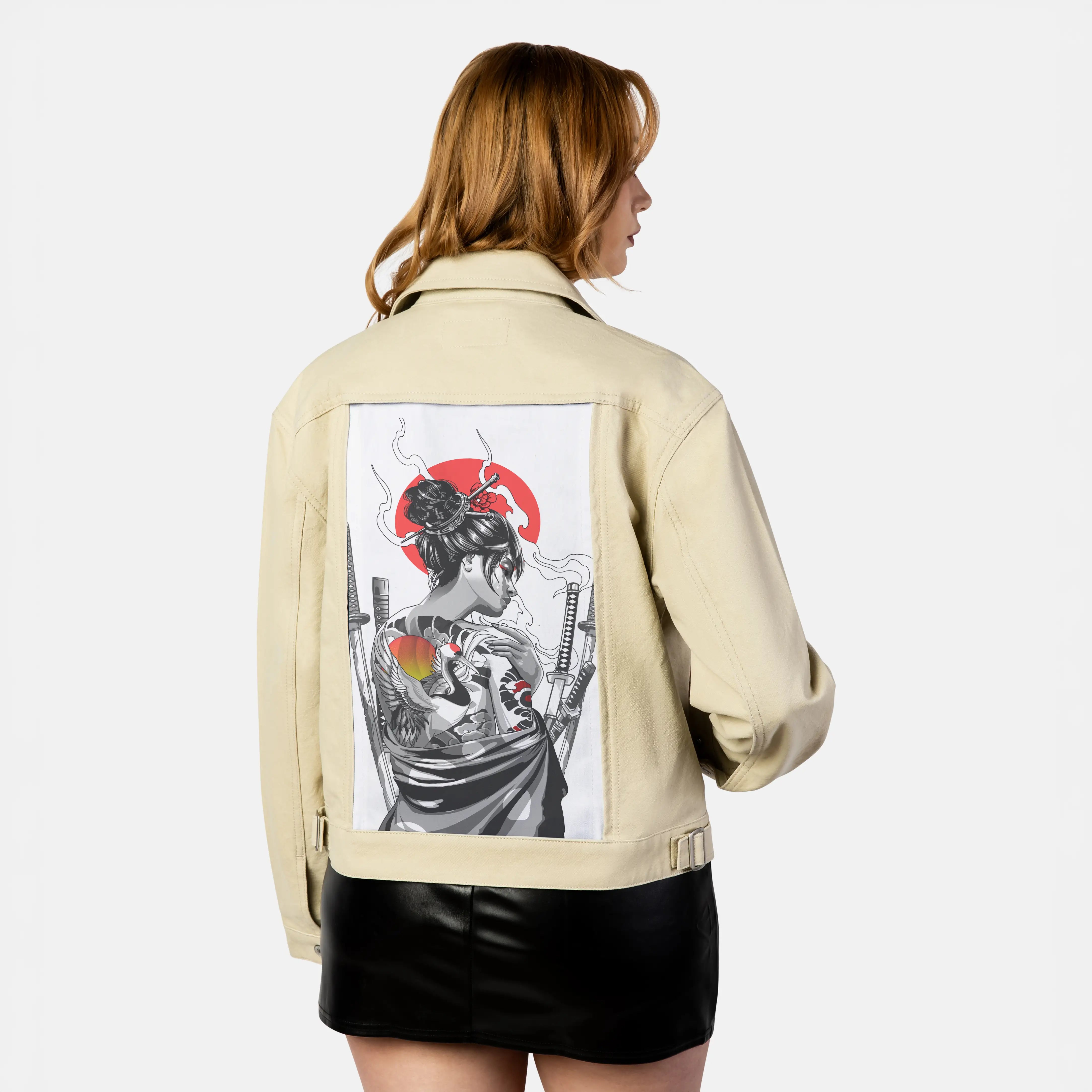 irezumiswan patch on female atelier canvas jacket in tan