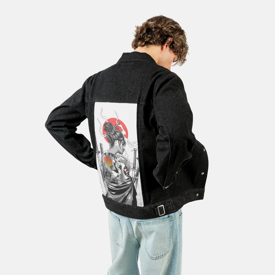 irezumiswan patch on male og denim jacket in raven