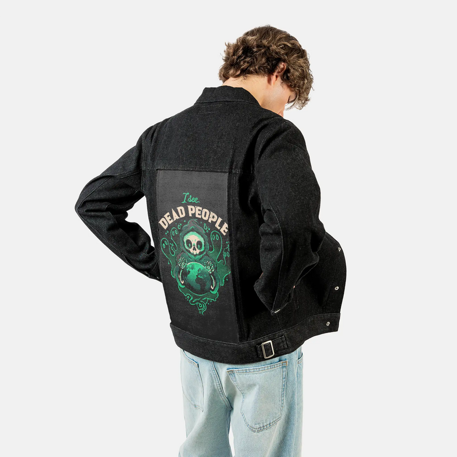 iseedeadpeople patch on male og denim jacket in raven