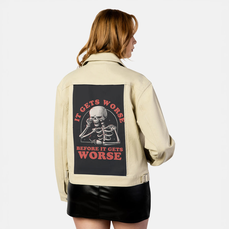 itgetsworse patch on female atelier canvas jacket in tan