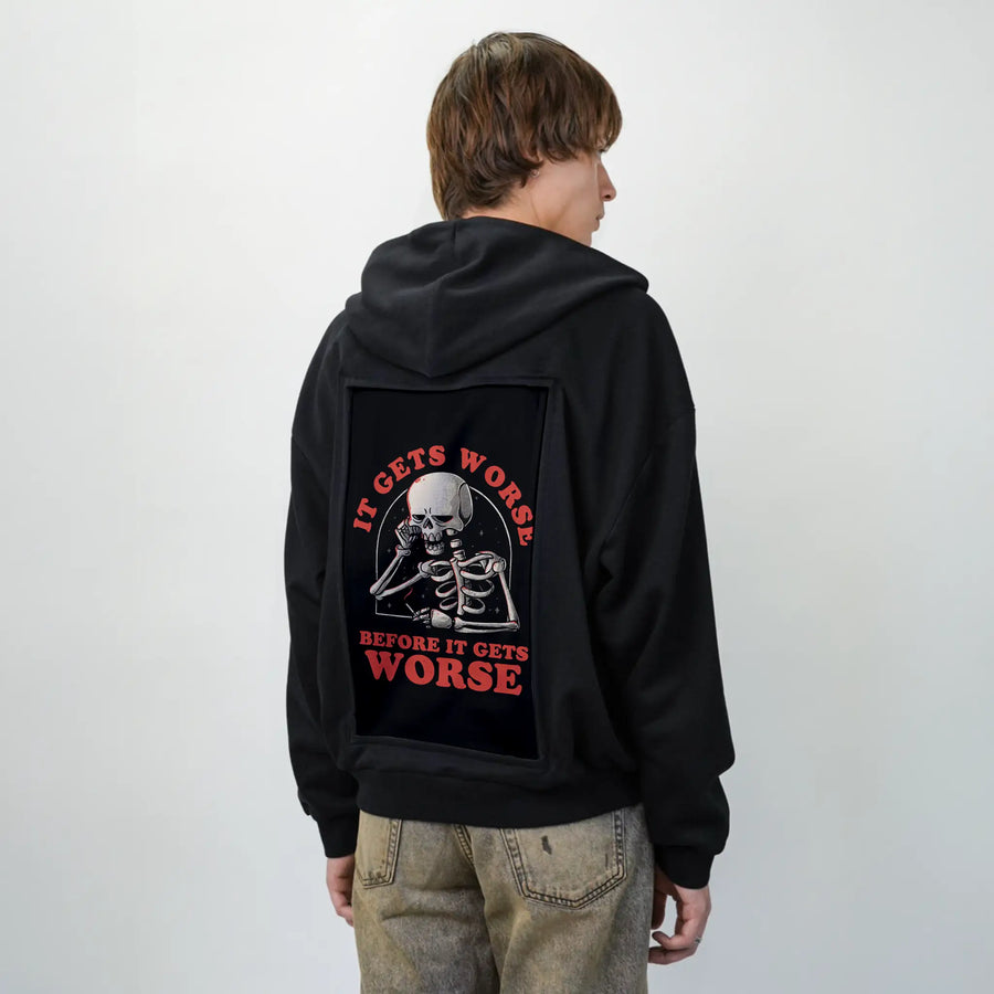 itgetsworse patch on male essential zip hoodie in after hours