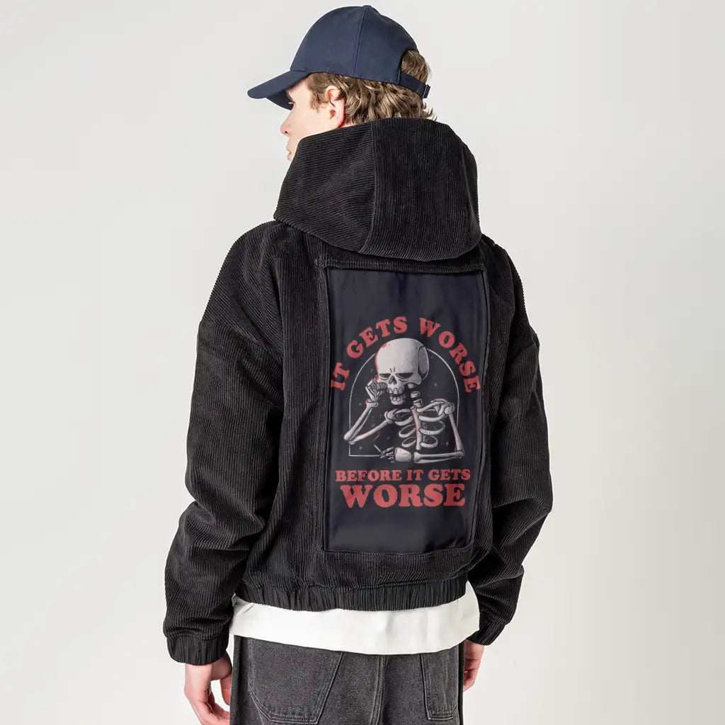 itgetsworse patch on male retro cord hoodie in onyx