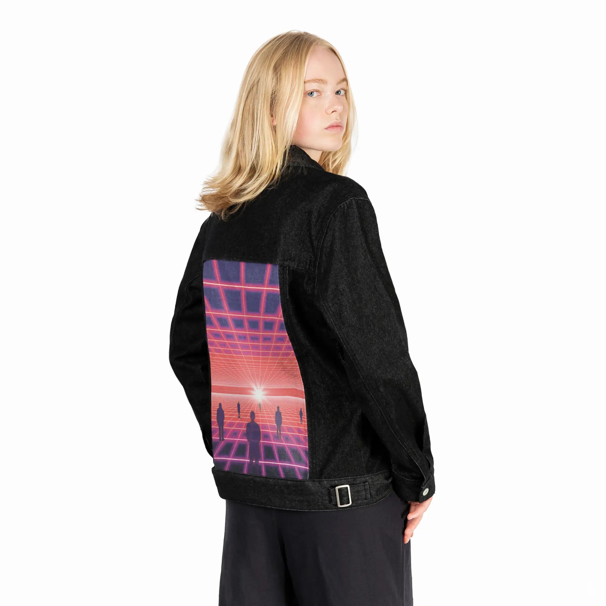 itsnogame patch on female og denim jacket in raven