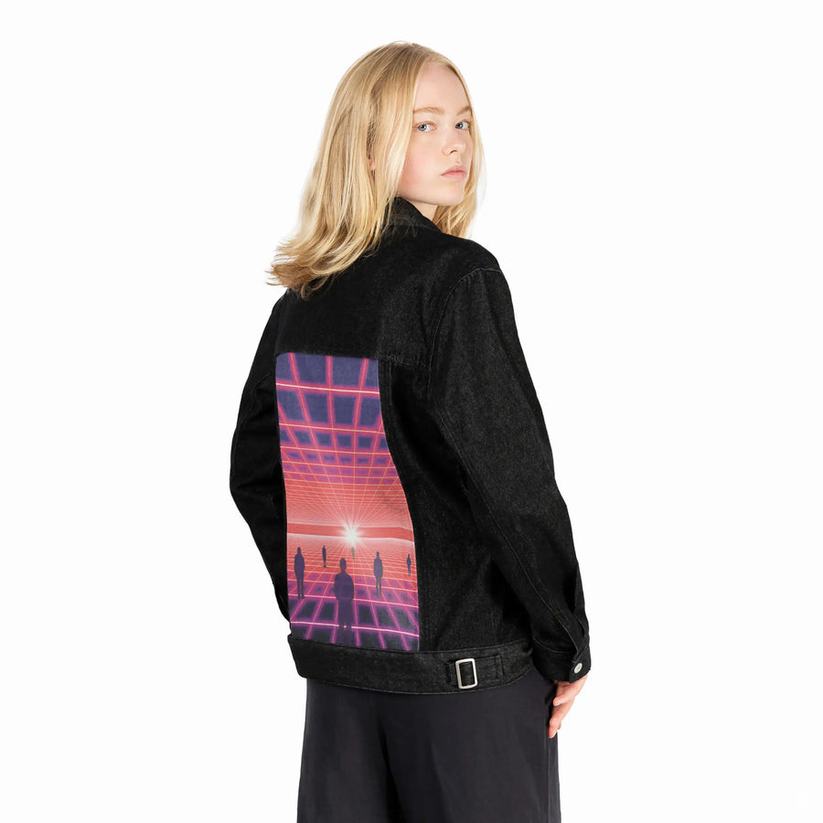 itsnogame patch on female og denim jacket in raven